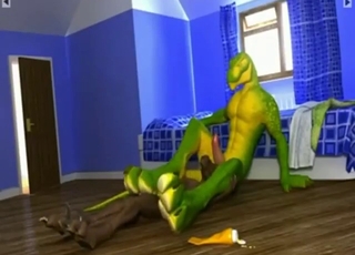 Green dinosaur is going to get off with pleasure